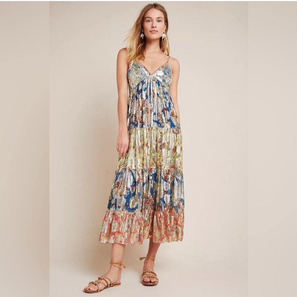 Anthropologie x Verb by Pallavi Singhee Echo Tiered Metallic Maxi Dress Sz 16